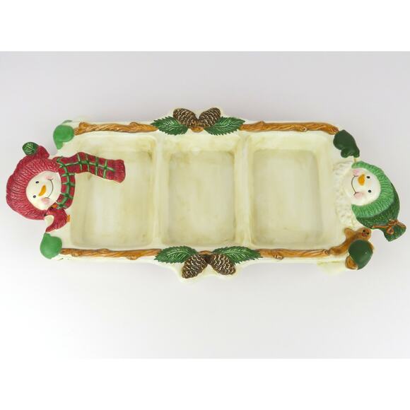 BICO Snowman Divided Serving Tray 16” Ceramic Christmas 3Section Holiday Platter - Picture 2 of 10